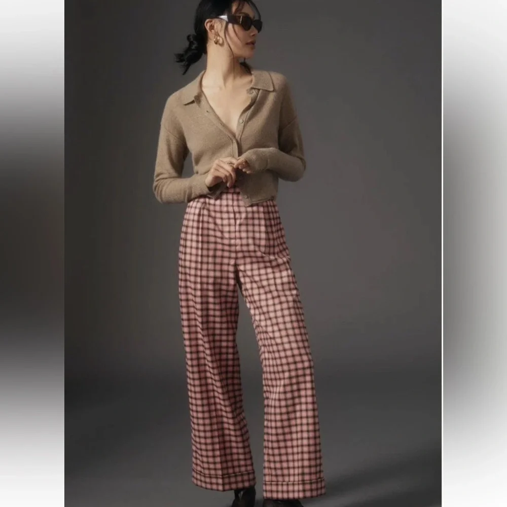 Anthropologie FRNCH Pink and Black Plaid Wide Leg Pants S